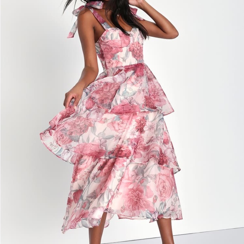 Lulus Playfully Posh tiered pink floral dress